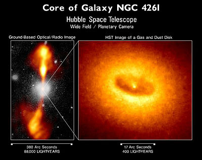 Figure 3: Radio and optical images showing bipolar jets and the dusty ring surrounding the ~ 1.2 x 10^9 M supermassive black hole in NGC 426.